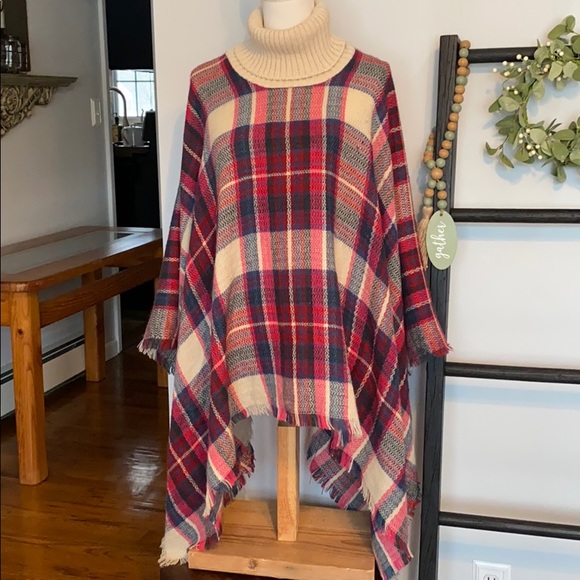 JANICE RED PLAID TURTLENECK PONCHO - Picture 5 of 11